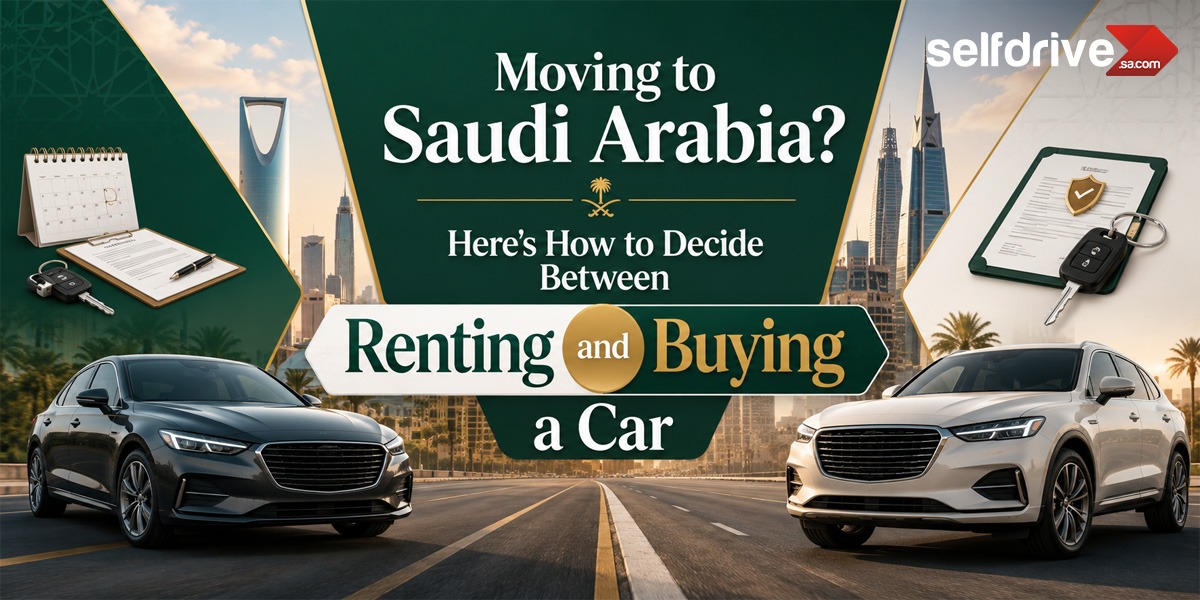 Image depicting a person contemplating a move to Saudi Arabia, with a map and suitcase in the background.